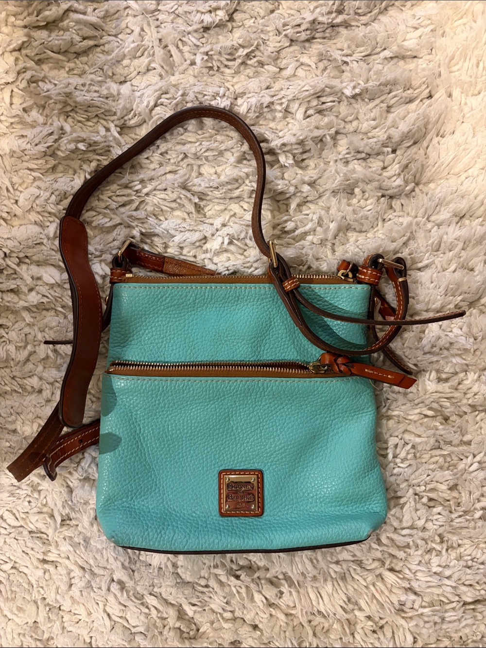 Dooney & Bourke Turquoise Pebbled Leather Crossbody with Brown Trim